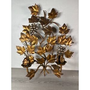 2 Vintage Italian Florentine Gilt Gold Tole Leaf Grape Wall Double Candle Sconce